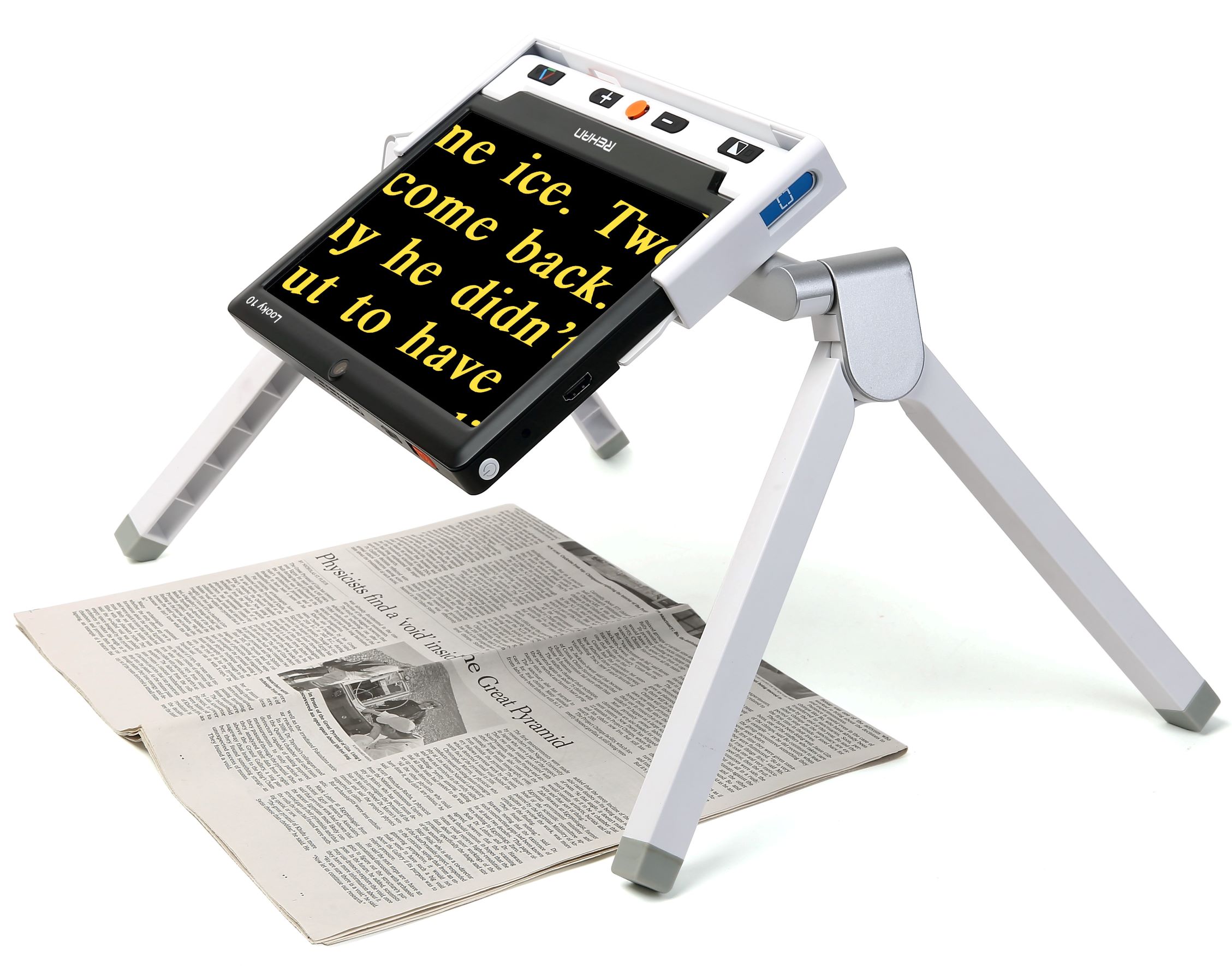 Looky 10 handheld video magnifier shown with its fold-out stand on a desk
